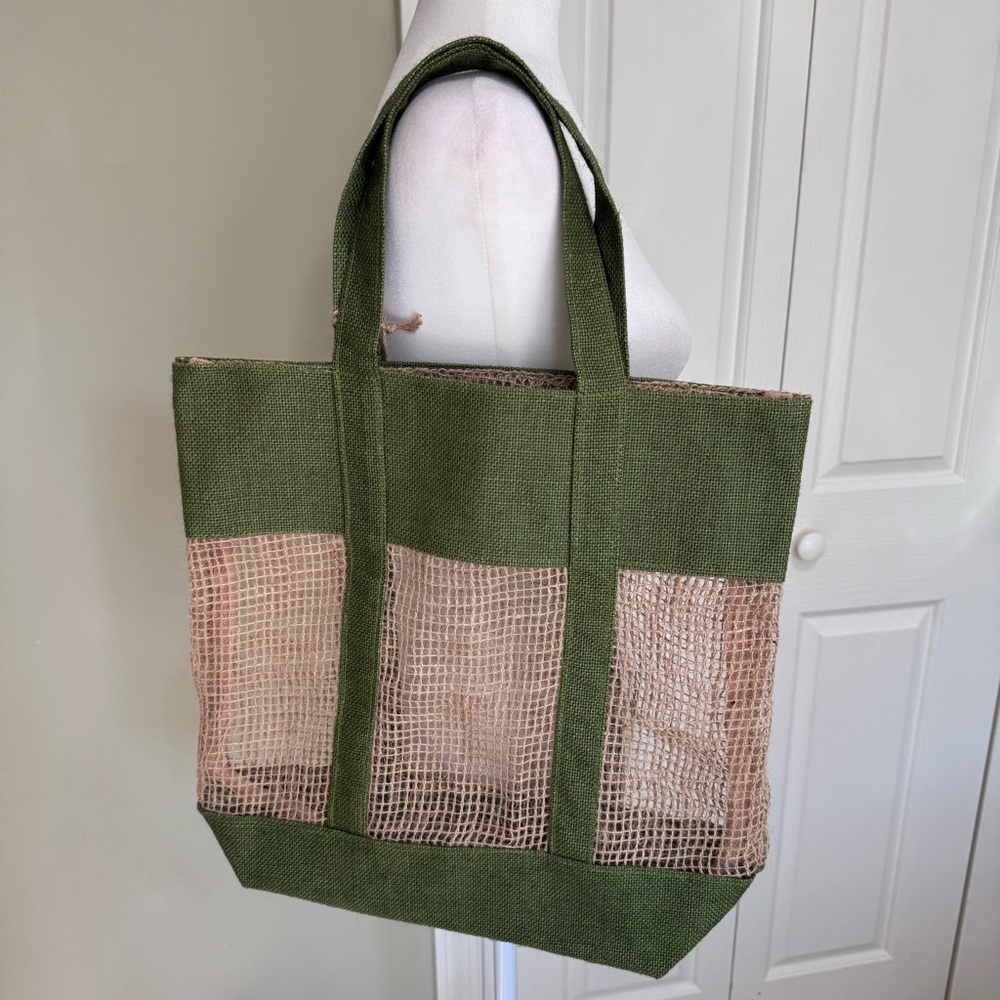 Miniso Large Jute Mesh Beach Tote Green Natural Market Shopper Carryall NWT Boho
